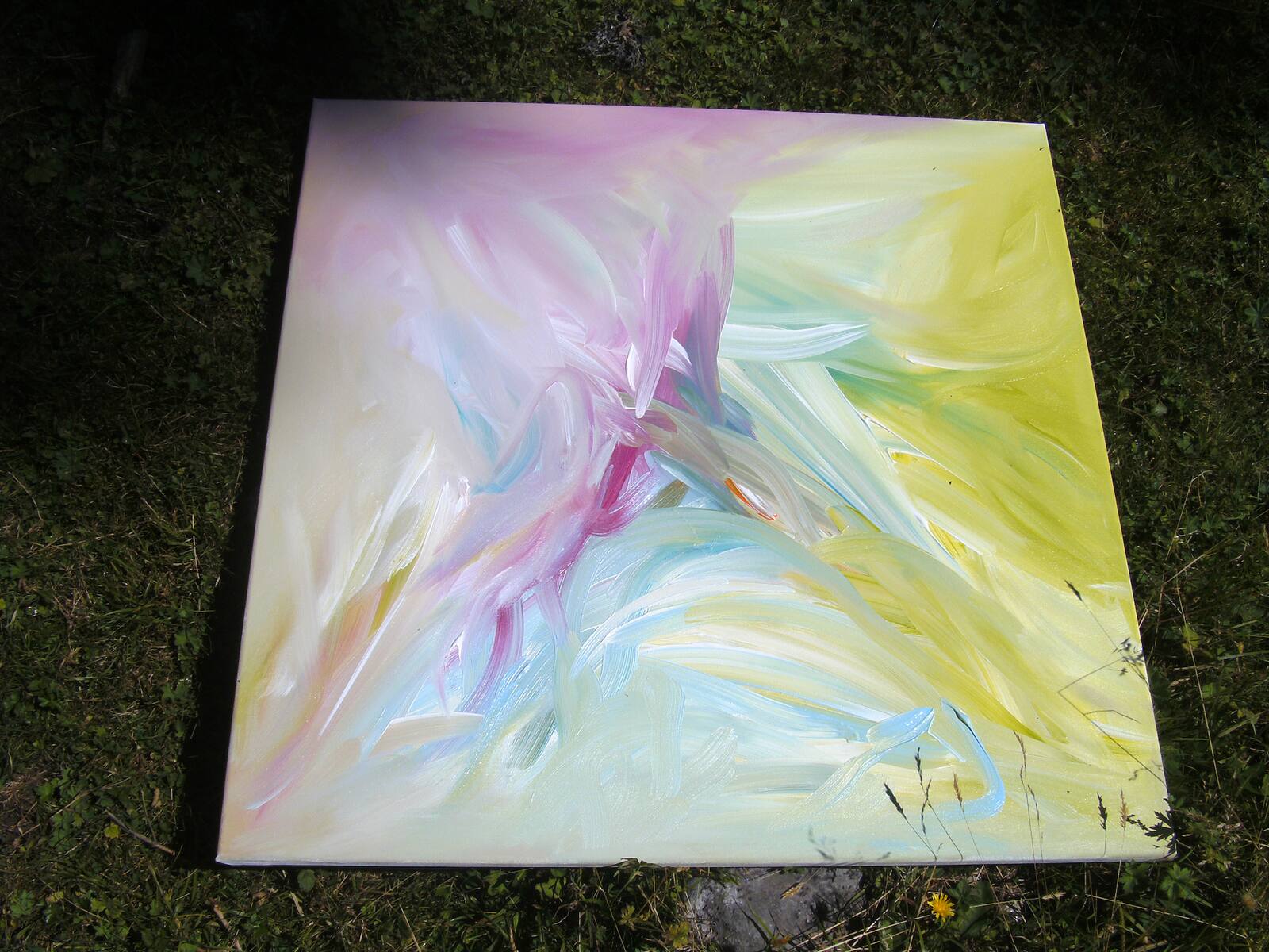Das Acrylbild „Tanz der Libellen“ in Pink, Hellblau und Gelbgrün liegt im Gras der Alm