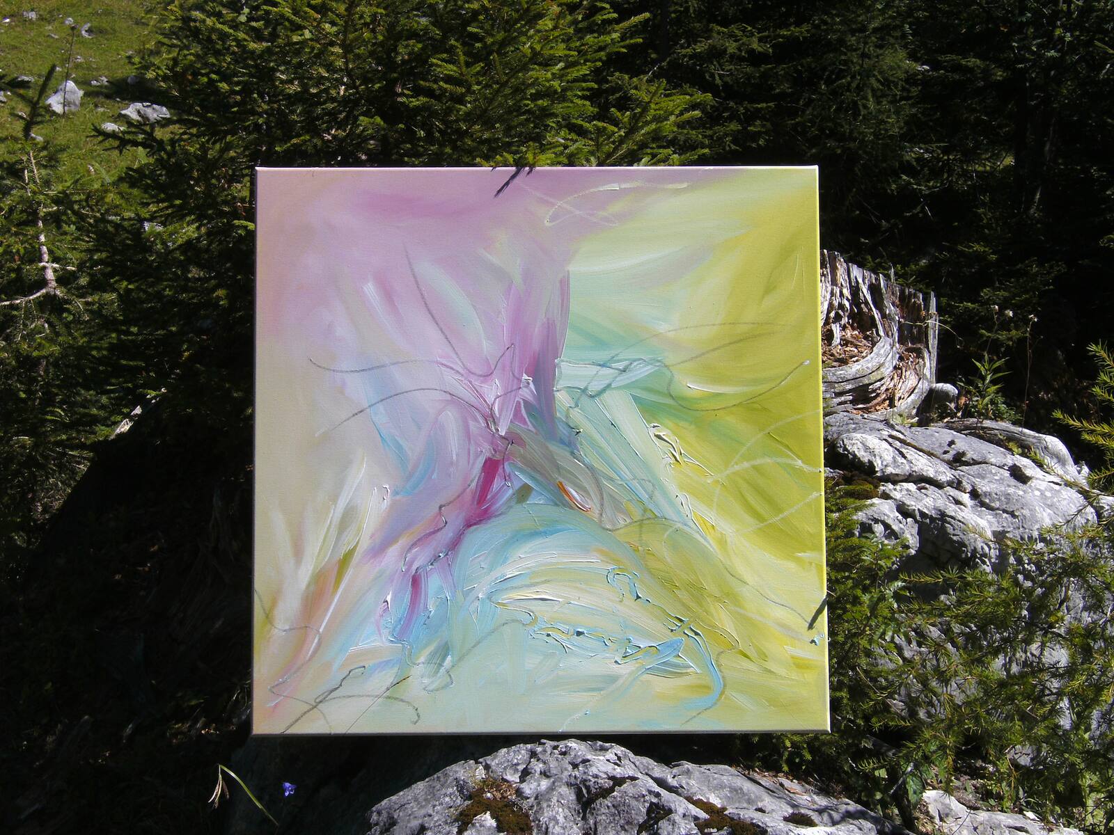 Silvia Grassers Acrylbild „Tanz der Libellen“ lehnt an einem Felsen im Bergwald – gemalt auf der Alm in 1.800 Metern Höhe